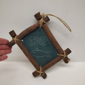 Rustic "Great Catch" Sign Fishing Decor Ornament Punched Tin Wood Cabin Wall Art